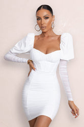 White Puff Sleeved Ruched Mini Dress